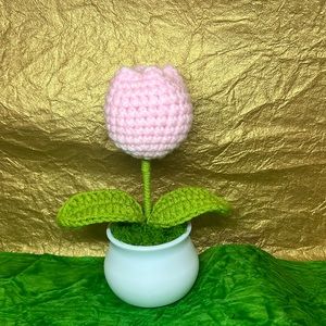 Crochet Tulips in Pot,Handmade, Different colors: Yellow, Purple, and Pink